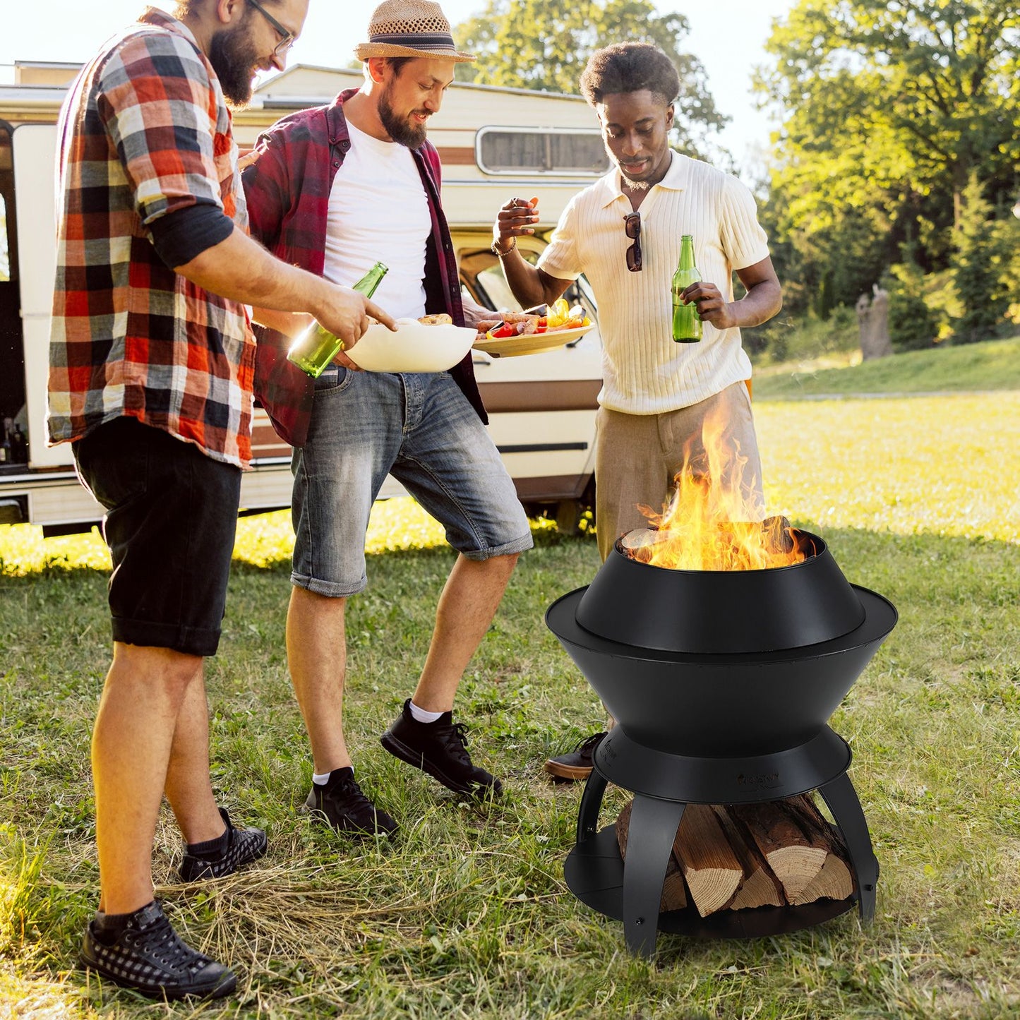 50Cm Patio Fire Pit with Pot Holder and Storage Shelf
