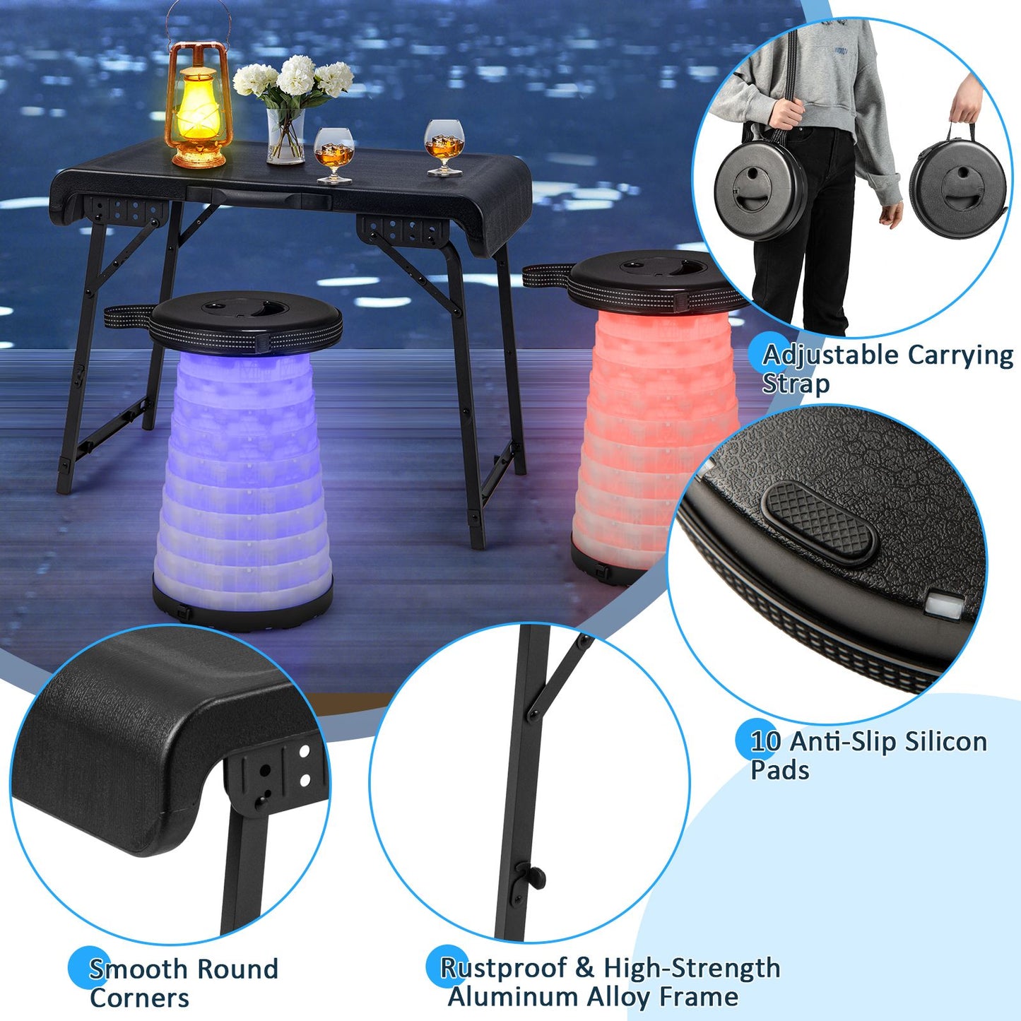 3-Piece Folding Table Stool Set with a Camping Table and 2 Retractable LED Stools