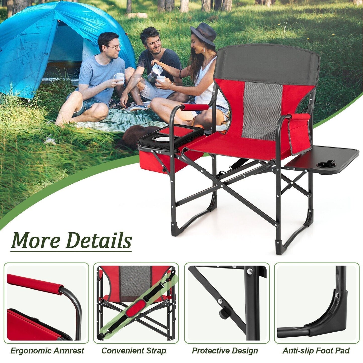 Camping Directors Chair Portable Folding Camp Chair with Side Table & Storage