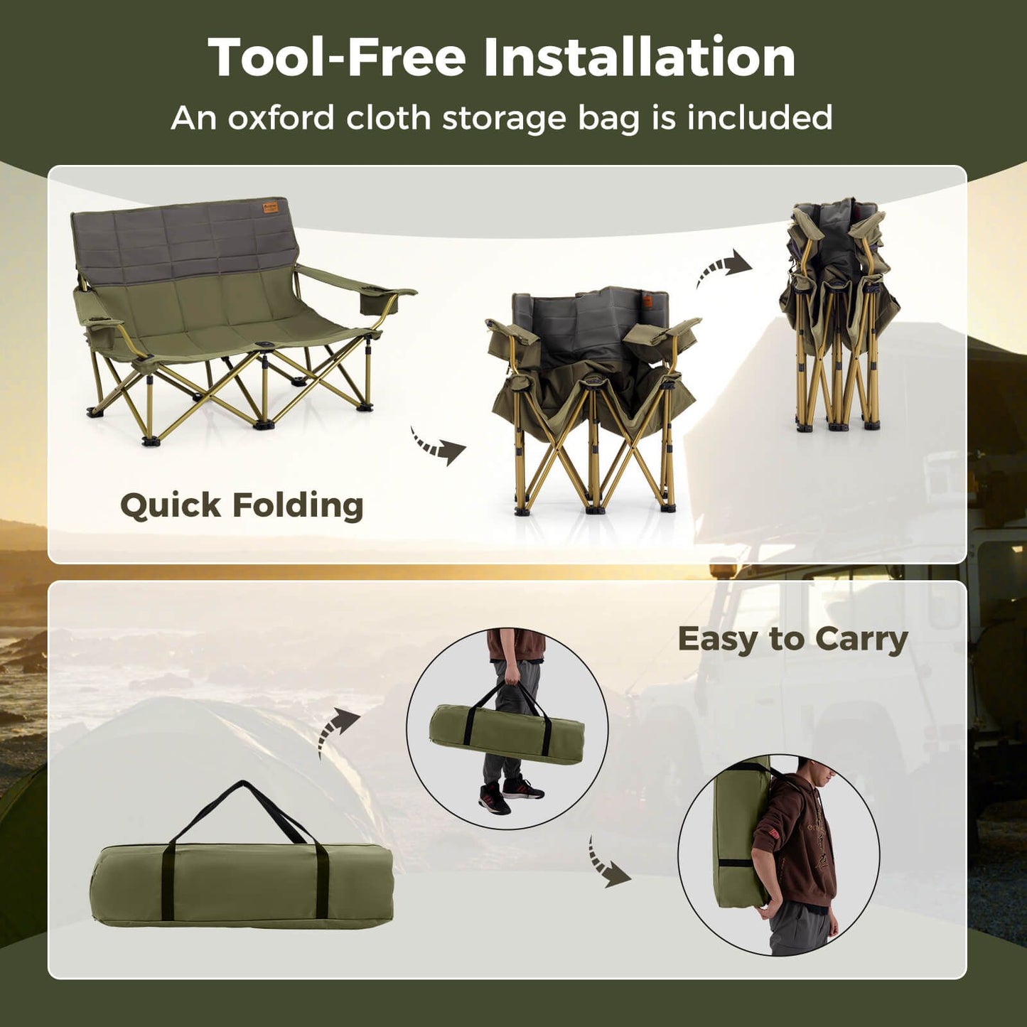 Oversized Camping Chair Folding Camping Couch with Cup Holders