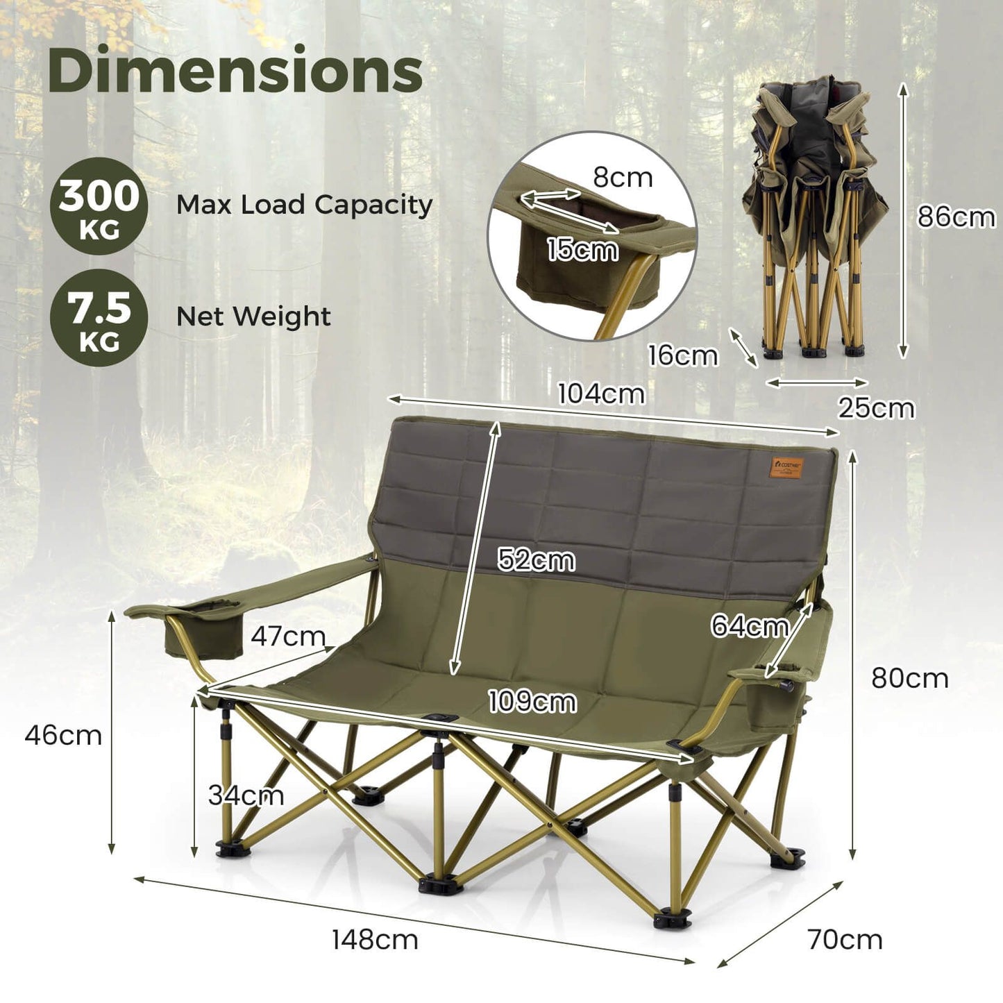 Oversized Camping Chair Folding Camping Couch with Cup Holders