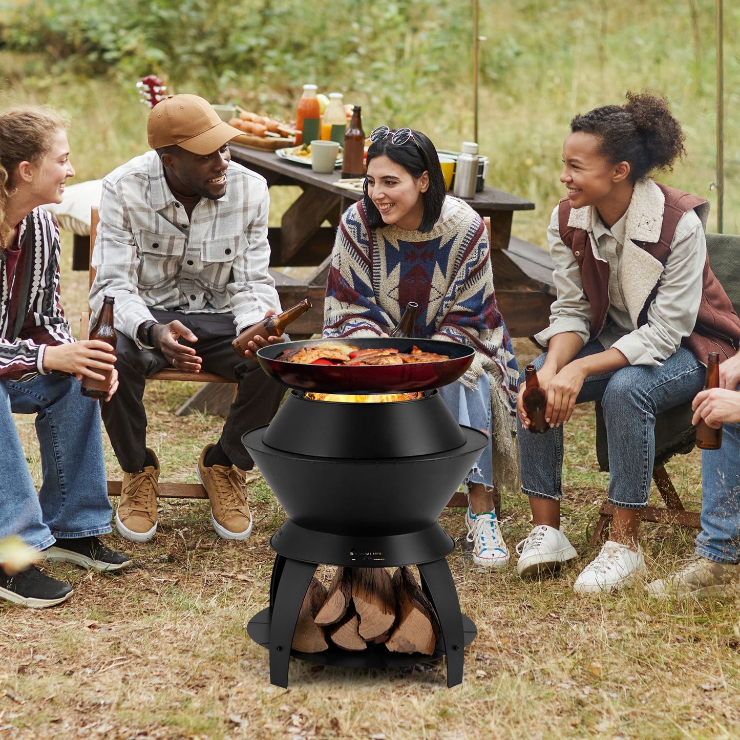50Cm Patio Fire Pit with Pot Holder and Storage Shelf