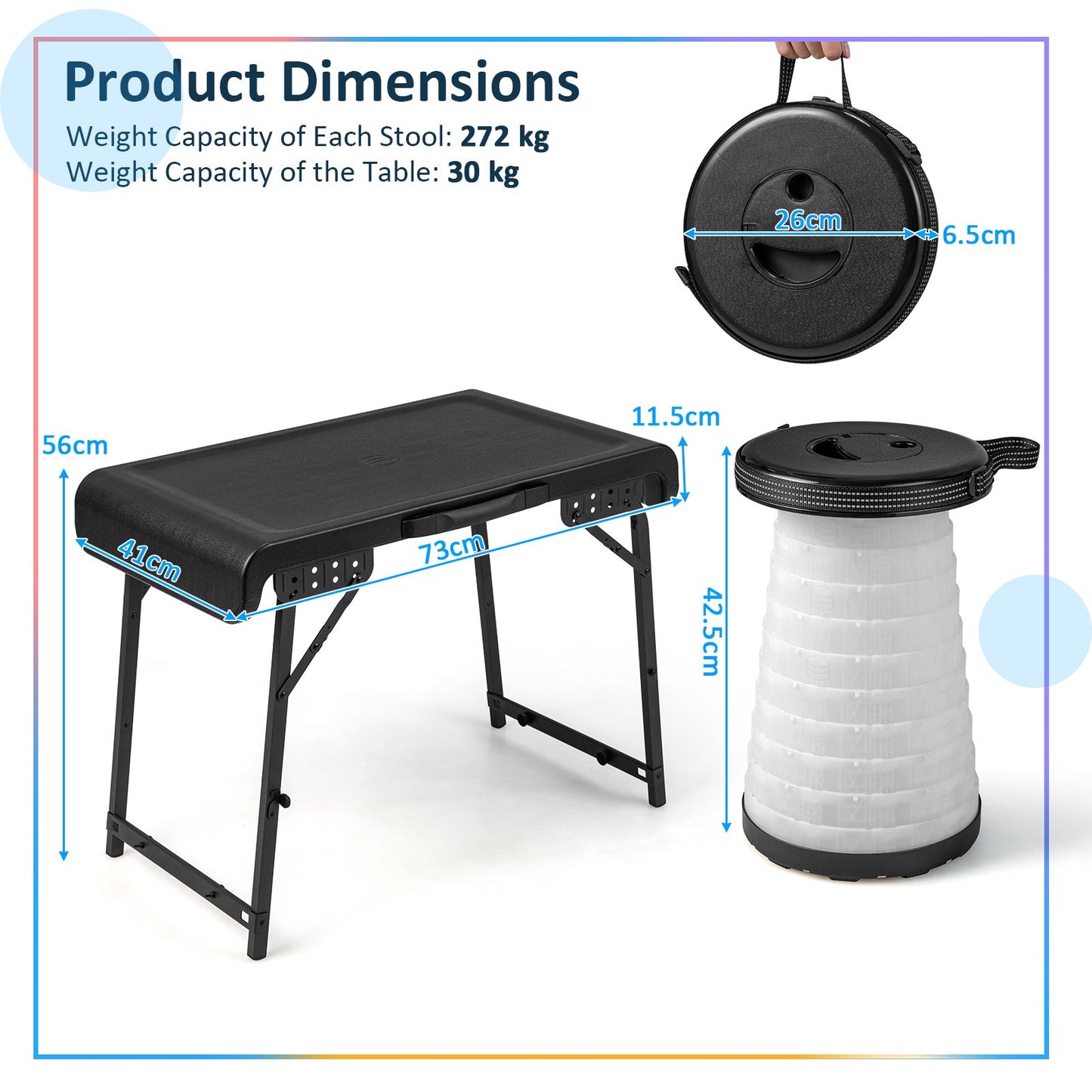 3-Piece Folding Table Stool Set with a Camping Table and 2 Retractable LED Stools