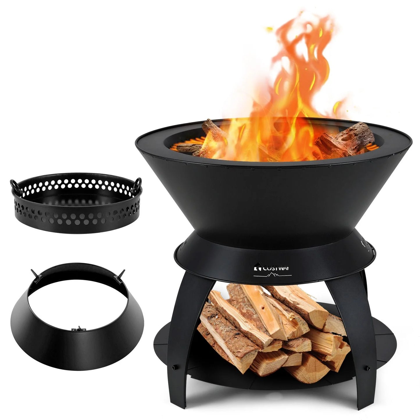 50Cm Patio Fire Pit with Pot Holder and Storage Shelf
