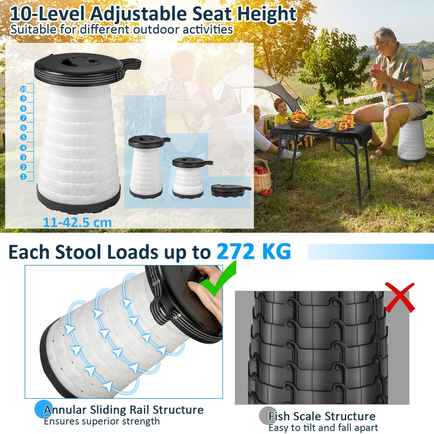 3-Piece Folding Table Stool Set with a Camping Table and 2 Retractable LED Stools