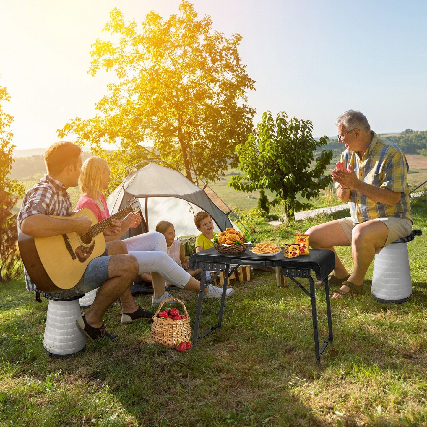 3-Piece Folding Table Stool Set with a Camping Table and 2 Retractable LED Stools