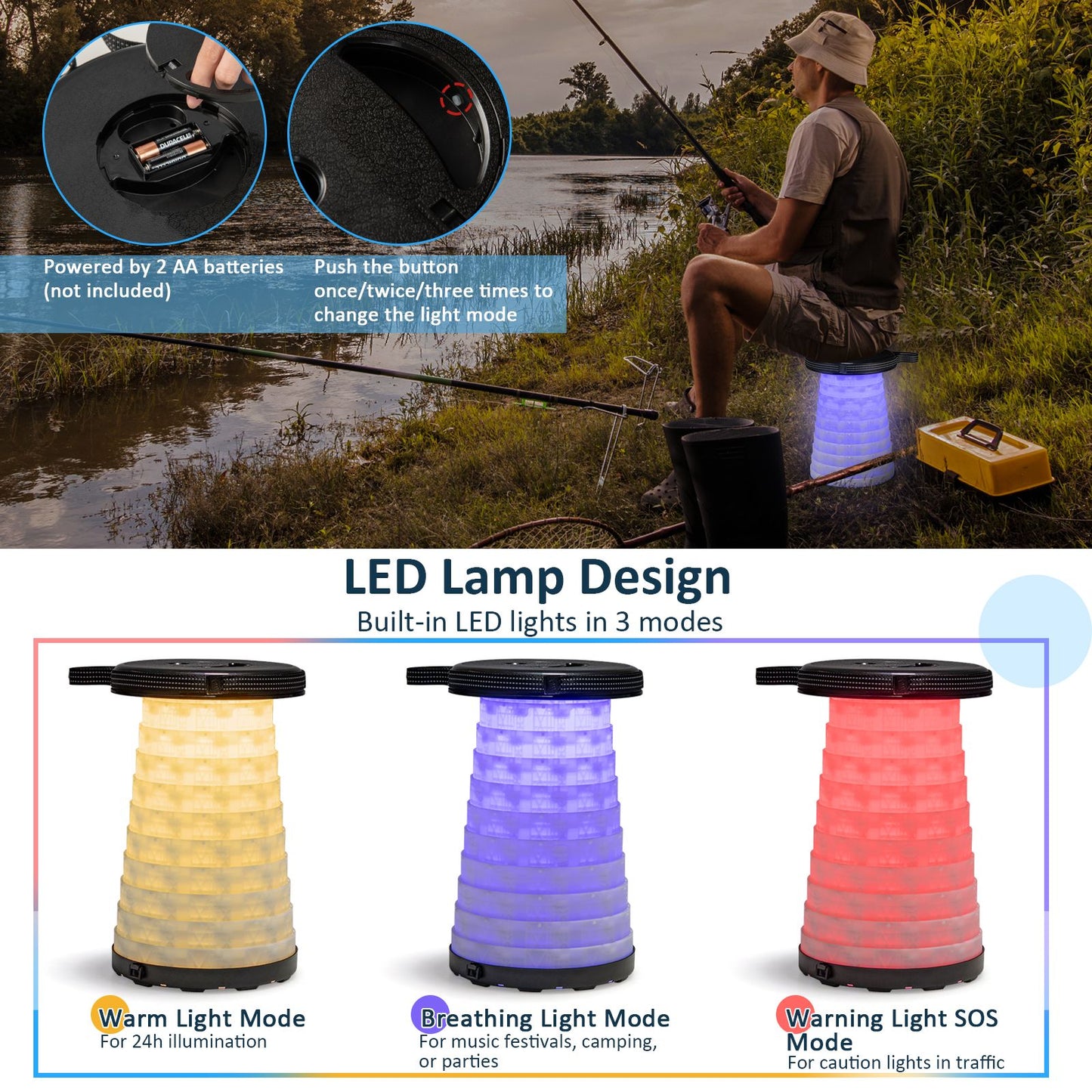 3-Piece Folding Table Stool Set with a Camping Table and 2 Retractable LED Stools