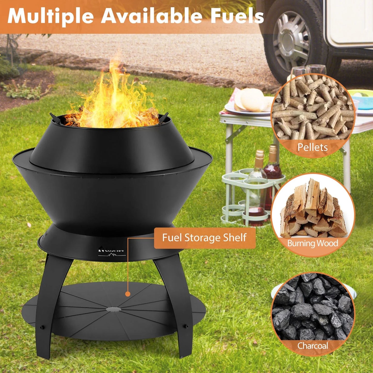50Cm Patio Fire Pit with Pot Holder and Storage Shelf