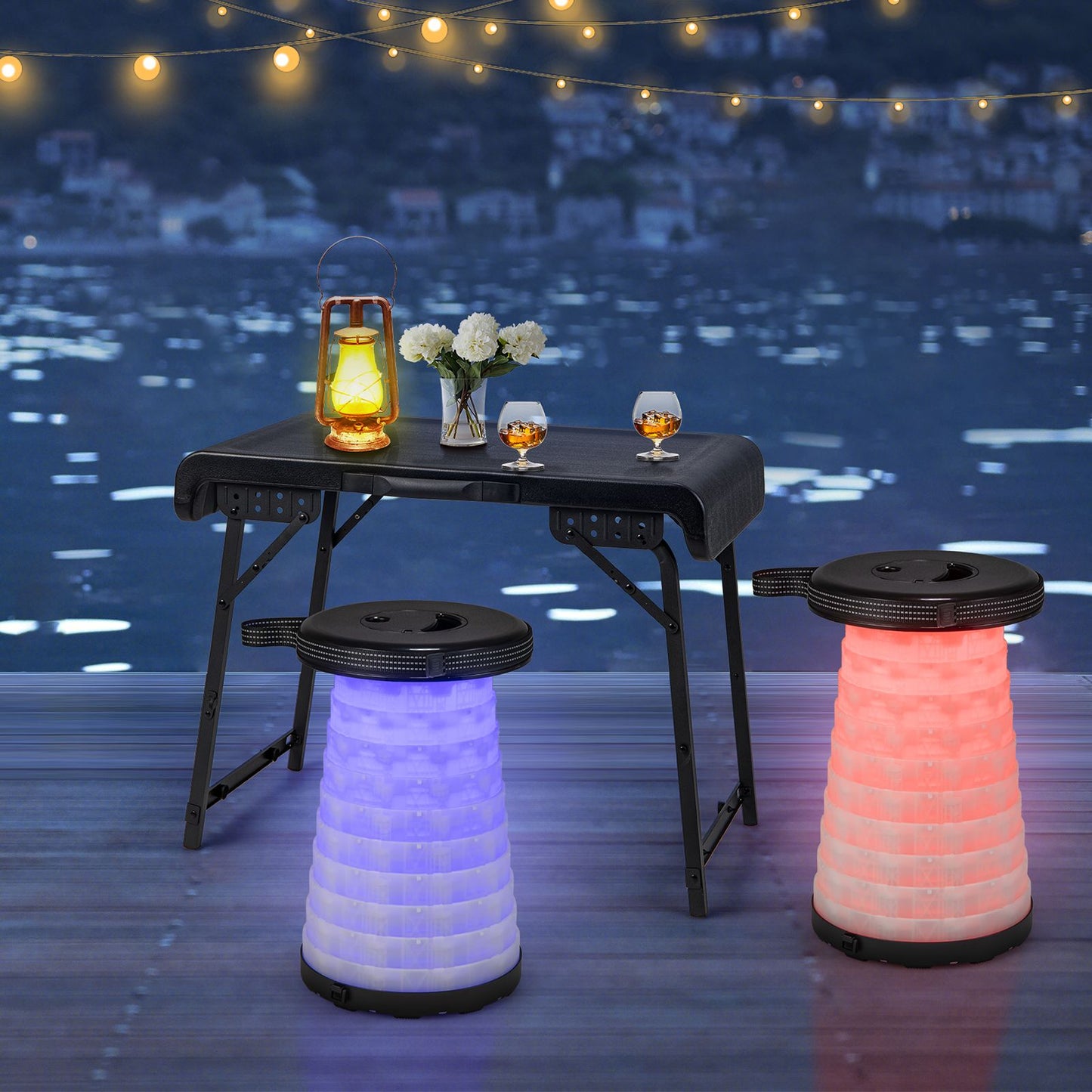 3-Piece Folding Table Stool Set with a Camping Table and 2 Retractable LED Stools
