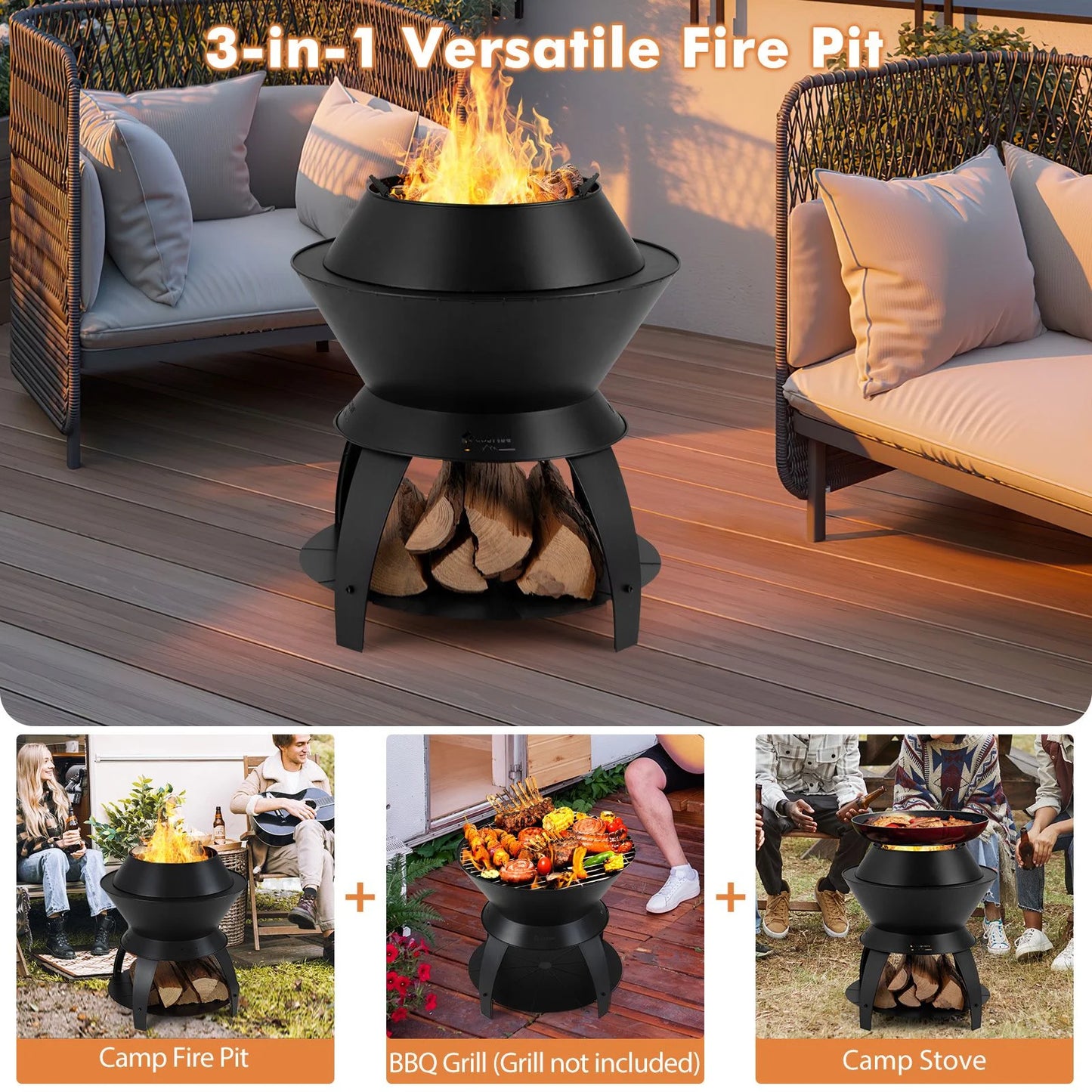 50Cm Patio Fire Pit with Pot Holder and Storage Shelf