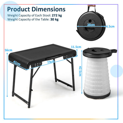 3-Piece Folding Table Stool Set with a Camping Table and 2 Retractable LED Stools