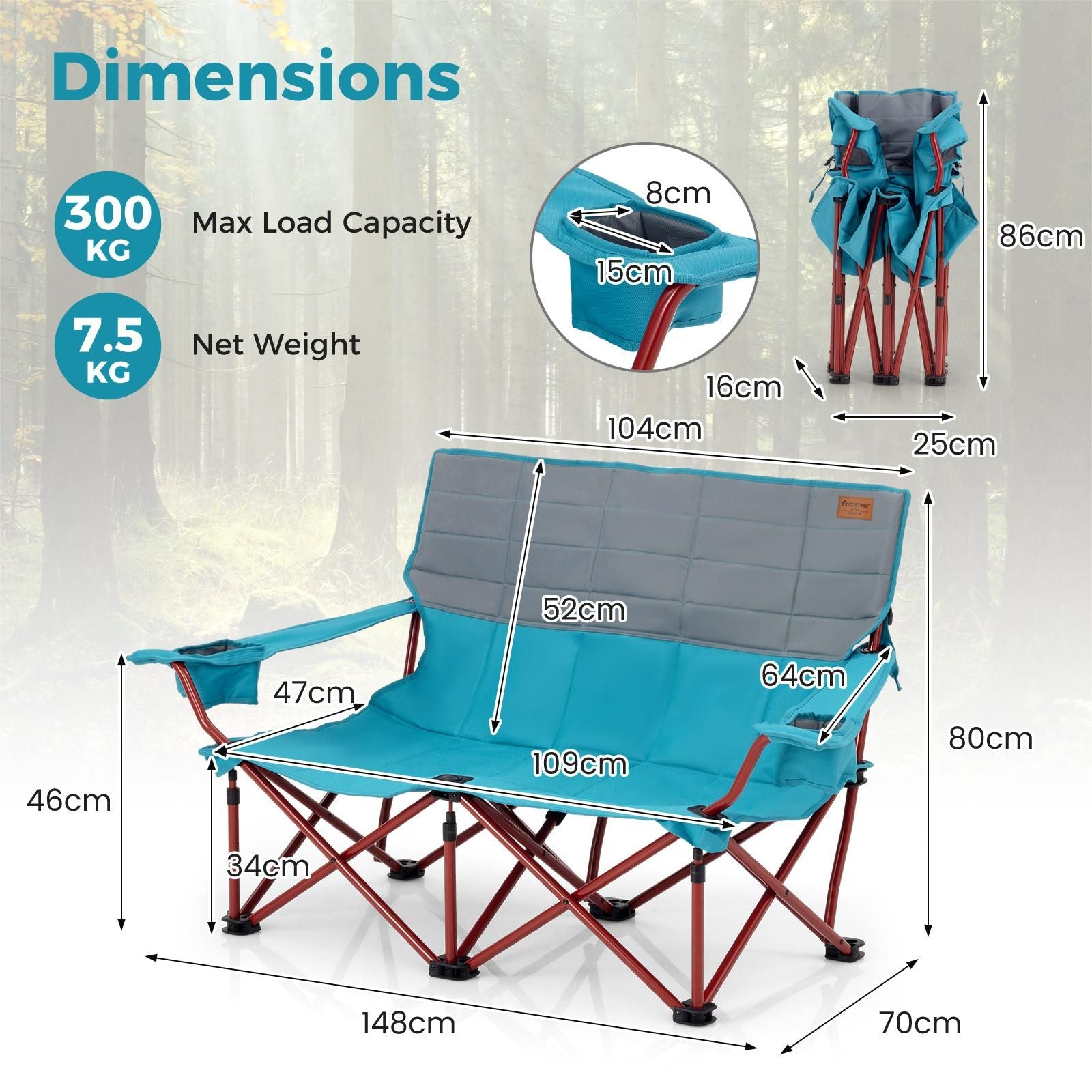 Oversized Camping Chair Folding Camping Couch with Cup Holders