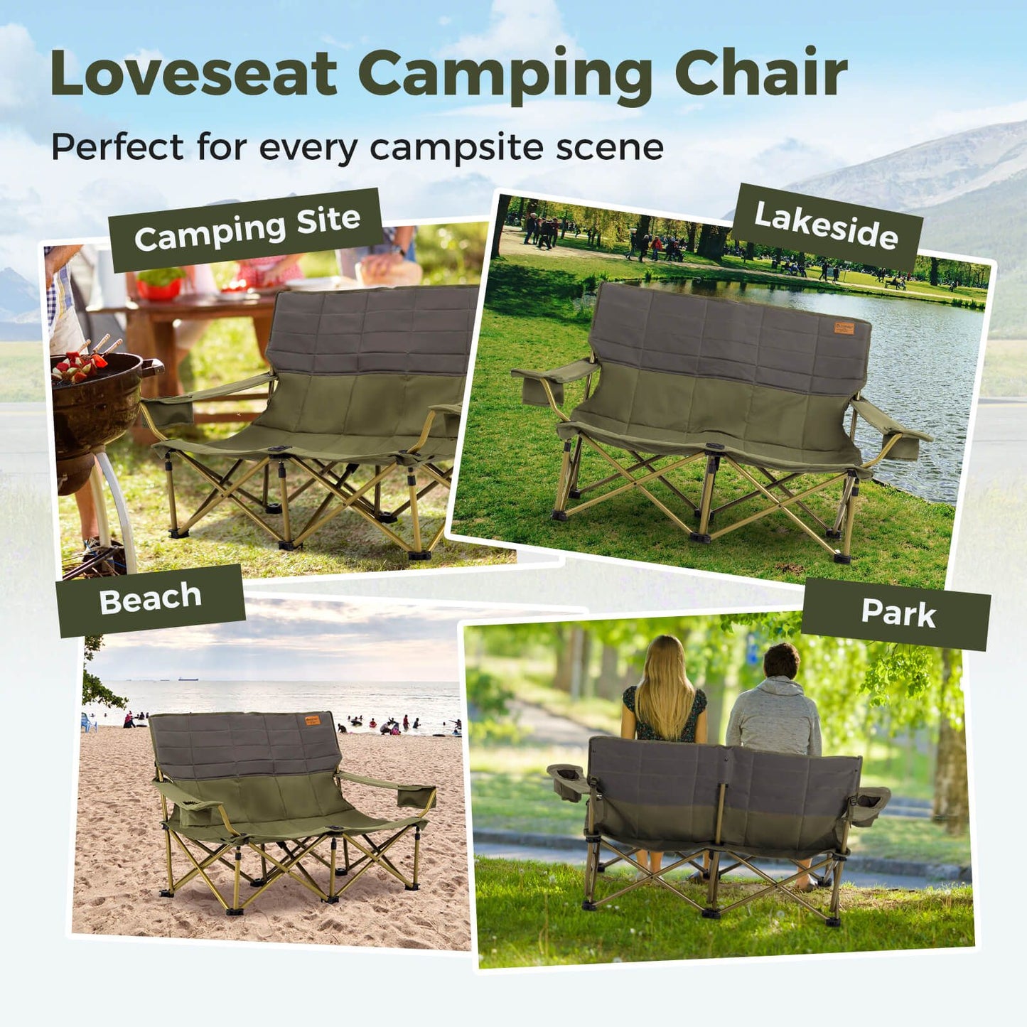 Oversized Camping Chair Folding Camping Couch with Cup Holders